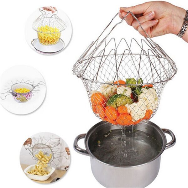 Chef Basket Dry Drain Rack Stainless Steel Multi Function Folding Fruit Basket Kitchen Tool