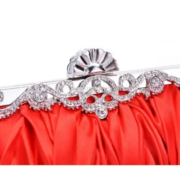 Fashionable and Vintage Ruched Satin Clutch Hand Bag with Silver Floral Clasp - Image 2