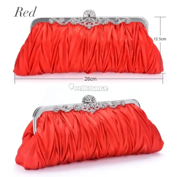 Fashionable and Vintage Ruched Satin Clutch Hand Bag with Silver Floral Clasp - Image 4