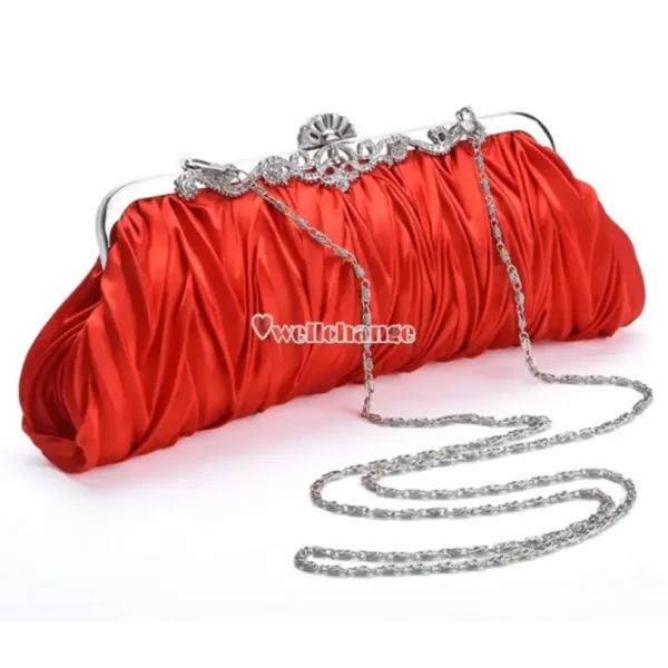 Fashionable and Vintage Ruched Satin Clutch Hand Bag with Silver Floral Clasp - Image 5