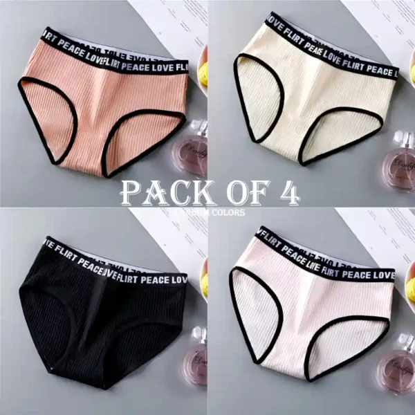 Pack of 4 Stylish Ribbed Women's Hipster Panties with Letters Printed Elastic Waistband - Image 2