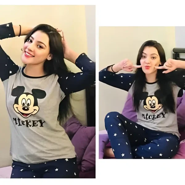 Cotton Night Suit Set Mickey Mouse Printed Casual Loungewear For Ladies - Image 2