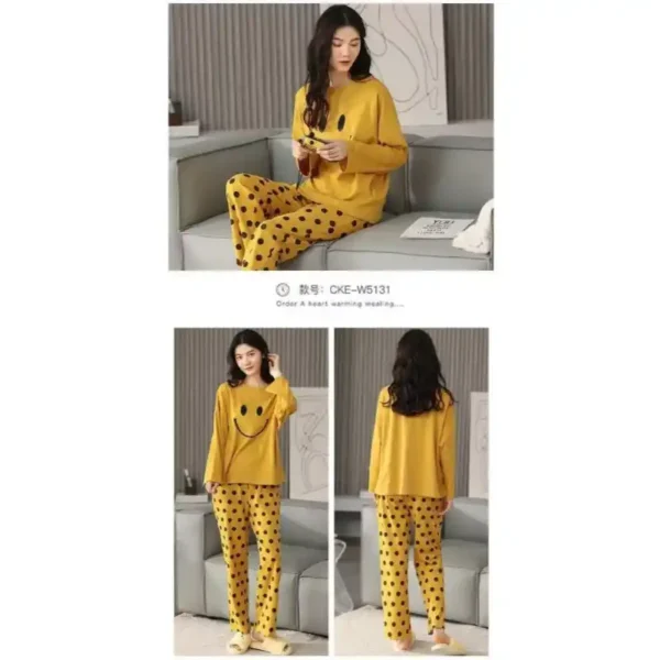 Smiley Face Printed Cotton Night Suit Set Casual Loungewear For Ladies - Image 2