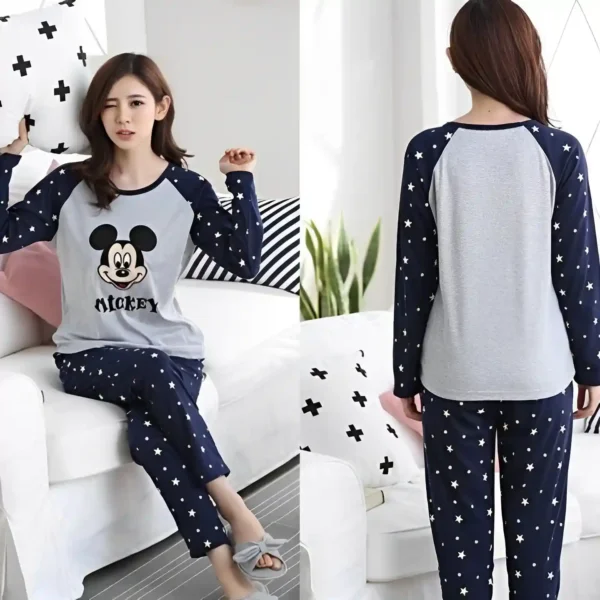 Cotton Night Suit Set Mickey Mouse Printed Casual Loungewear For Ladies - Image 3