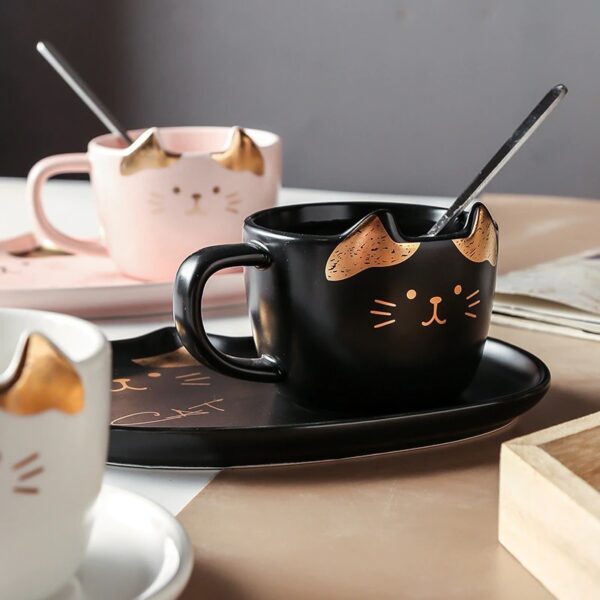 Ceramic Coffee Cup Sets Cartoon Cat Pattern Tea Cup Dessert Plate And Saucer Set