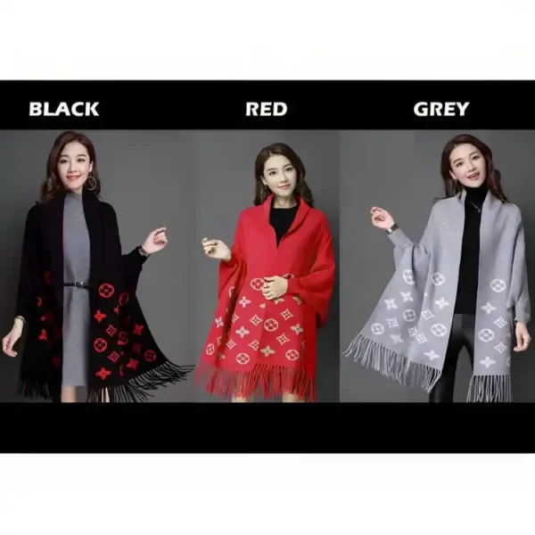 Stylish Bat-Wing Printed Fleece Shawl The Ultimate Poncho For Women's Winter Fashion - Image 2