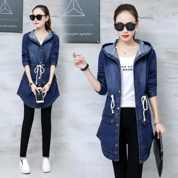 Trendy Winter Elegance Long Full Sleeves Denim Coat With Hood For Ladies - Image 4