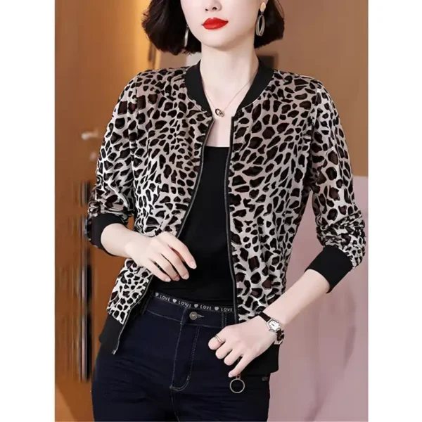 Stylish Leopard-Printed Velvet Zipper Bomber Jacket For Ladies - Image 5