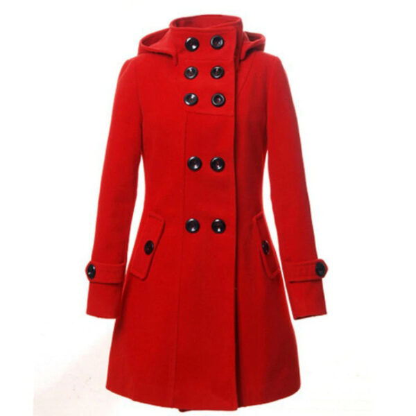 Women's Hooded Double Breasted Trench Wool Coat Long Winter Jackets Outerwear - Image 2