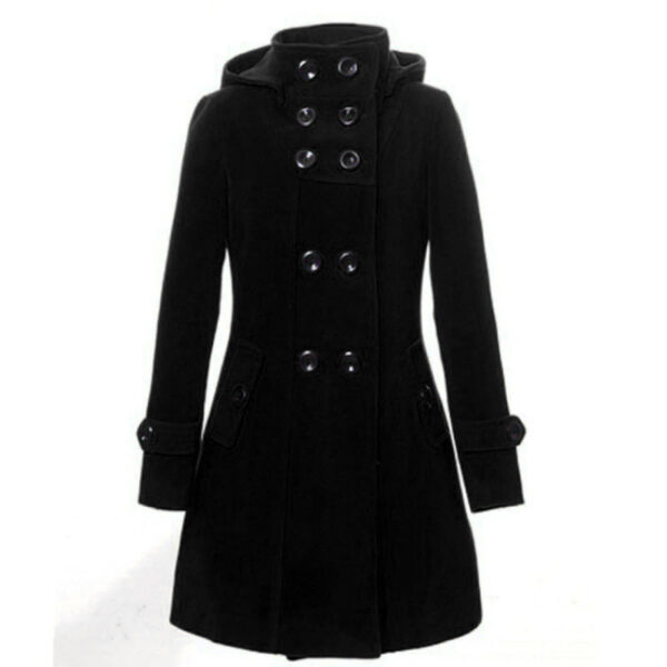 Women's Hooded Double Breasted Trench Wool Coat Long Winter Jackets Outerwear - Image 4